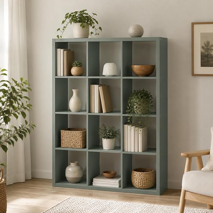 12-Cube Cubicle Bookshelf, Cube Bookcase with Open Back, Reversible Book Shelf, Cube Storage Organizer, 15 x 44 x 58, for Living Room, Home Office, Sage Green