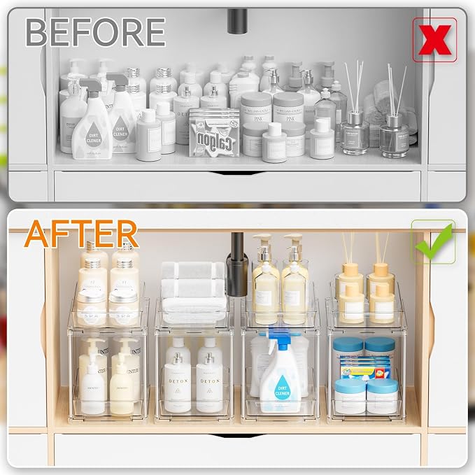 4 Pack Under Sink Organizers and Storage,Clear Acrylic Bathroom Organizer and Cabinet Organization for Makeup,Medicine,Two Tier Pull Out Cabinet Organizer Drawers for Pantry,Vanity Storage Bins