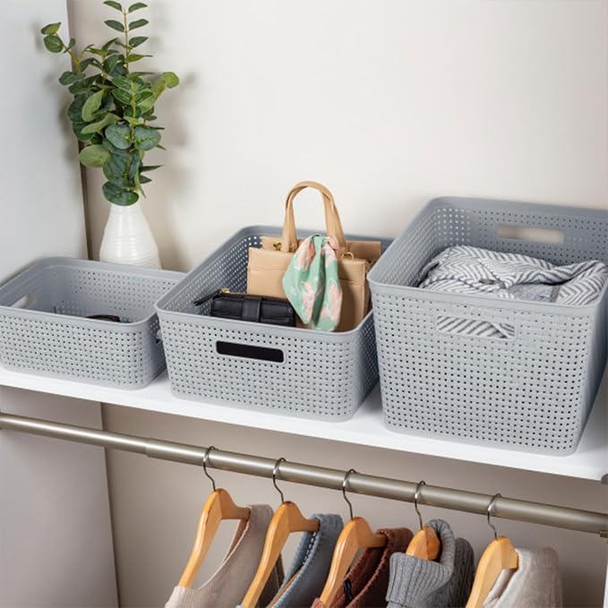 Sterilite Tall Basket, Woven Plastic Storage Organizer Bin, Cement, 6-Pack | Decorative Open Top Storage Bins with Handles for Bedroom, Bathroom, Dorm, Closet, Office and Shelf Organization