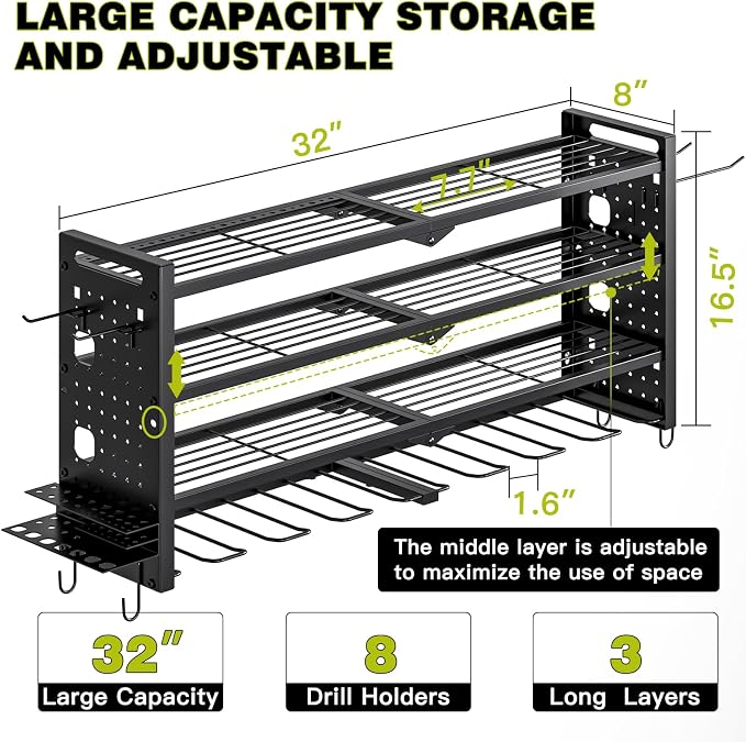 NattyDot Power Tool Drill Holder Wall Mount, 4Tier Garage Organizer, Black | 4-tier Utility Rack Stores 8 Cordless Drills, Batteries and Accessories while Freeing Extra Garage Wall Storage Space