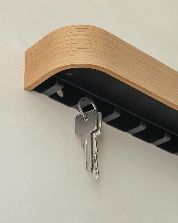 Kazai. Key Holder 'Toke' | Minimalist Key Hook Design from Berlin | Modern Key Holder Wall Mount with Wooden Shelf | Key Rack for Wall as Entryway Organizer | Oak