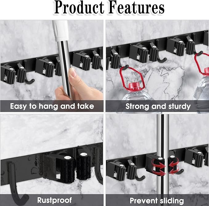 2 Pack Black Broom Holder Wall Mount, 5 Racks 4 Hooks Mop and Broom Holder | Mop Holder Wall Mount and Broom Hanger for Garage, Laundry Room, Kitchen and Utility Storage