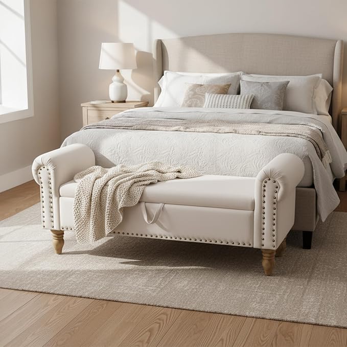 55" Linen Storage Bench, Queen End of Bed, Off-White | Linen Upholstered, Bedroom/Entryway/Closet, Storage Ottoman Bench, Window Seat, Lift-Top Storage, for Queen & King Bed