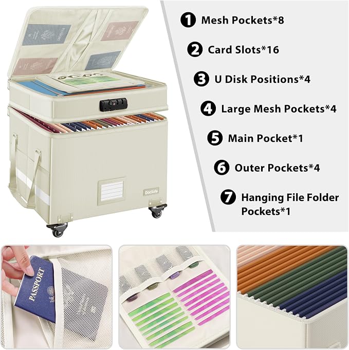 DocSafe Fireproof Document Box with Lock,2-Layer File Box with Wheels,Collapsible File Storage Organizer with Pockets,Large Portable Office Filing Cabinet for Hanging Folders,Beige,16''x13.8''x12.2''
