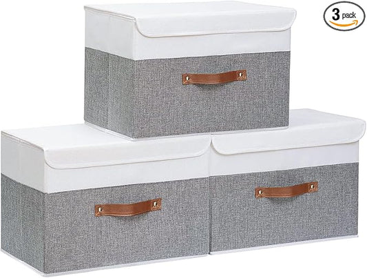 Yawinhe Collapsible Storage Bins,White/Grey,13.0x9.0x7.9in,3-Pack | Fabric Storage Box with Lids, Washable Cube Organizer Basket; Fabric Container with Leather Handle,Closet Organizer for Home