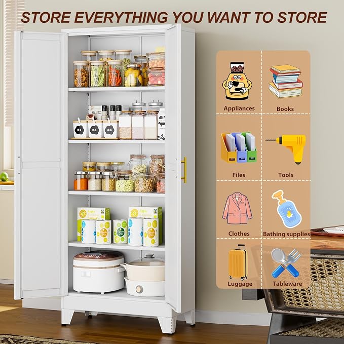 71" White Metal Storage Cabinet with 2 Doors and 4 Adjustable Shelves,Steel Garage Tool Cabinet, File Cabinet,Kitchen Pantry Cabinet for Home,Office,Garage,School,Warehouse