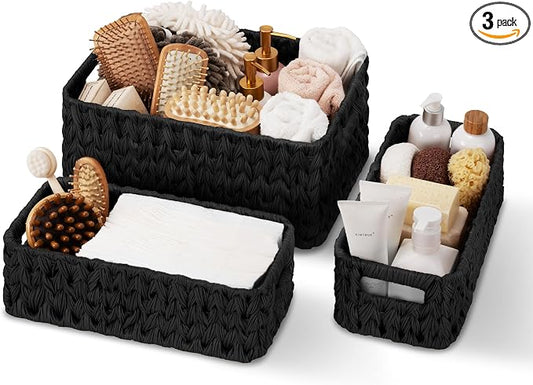 Granny Says Wicker Baskets For Shelves, Large Woven Baskets For Organizing | Small Woven Storage Baskets for Shelf, Rattan Basket For Organizing, Wicker Basket Set, 3-Pack Small Waterproof Baskets