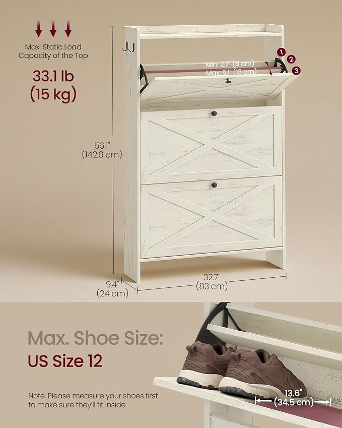 VASAGLE Shoe Storage Cabinet Organizer with 3 Flip Drawers, Freestanding Narrow Shoe Rack Cabinet for Entryway, Farmhouse Style, Fits 14 to 16 Pairs, Cloud Creek Blue UHSC303WJ01