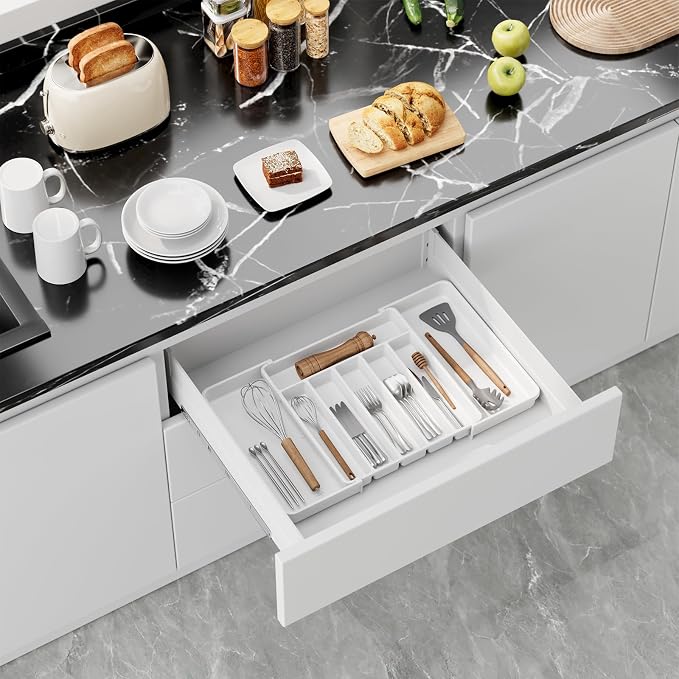 Aujen Silverware Drawer Organizer, Adjustable Utensil Cutlery Tray | Expandable Kitchen Organizer for Forks Knives, Multipurpose Kitchen Storage, Apartment Essentials, White, Large