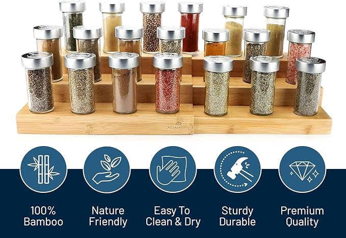 Bamboo Expandable Spice Rack Organizer, 3-Tier Adjustable Kitchen Cabinet | Countertop Display Shelf, Space Organizer for Kitchen and Bathroom (Pack of 2)
