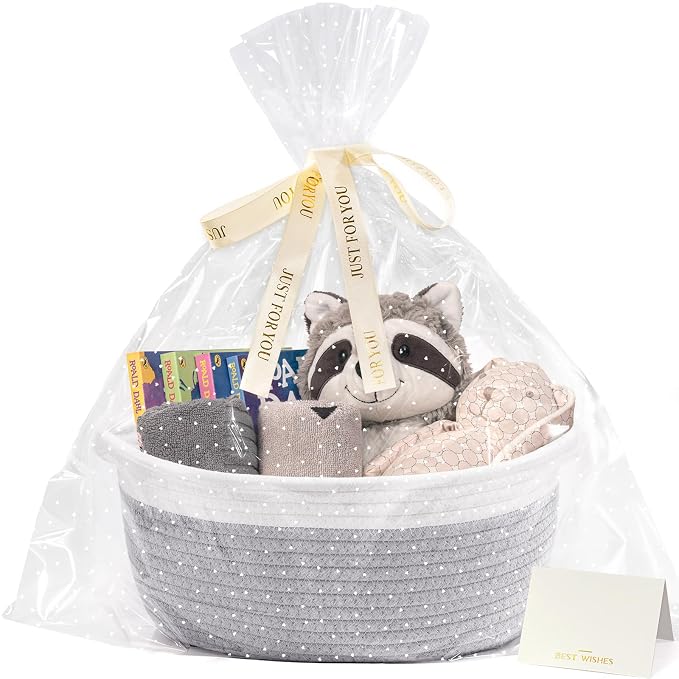 CHICVITA Small Rope Gift Basket Empty with Bags & Ribbon to Fill, Grey | 12"x 8"x 5" Woven Gift Basket Empty to Fill for Holiday, Rope Baskets for Organizing, Birthday Basket, Dog Toy Basket