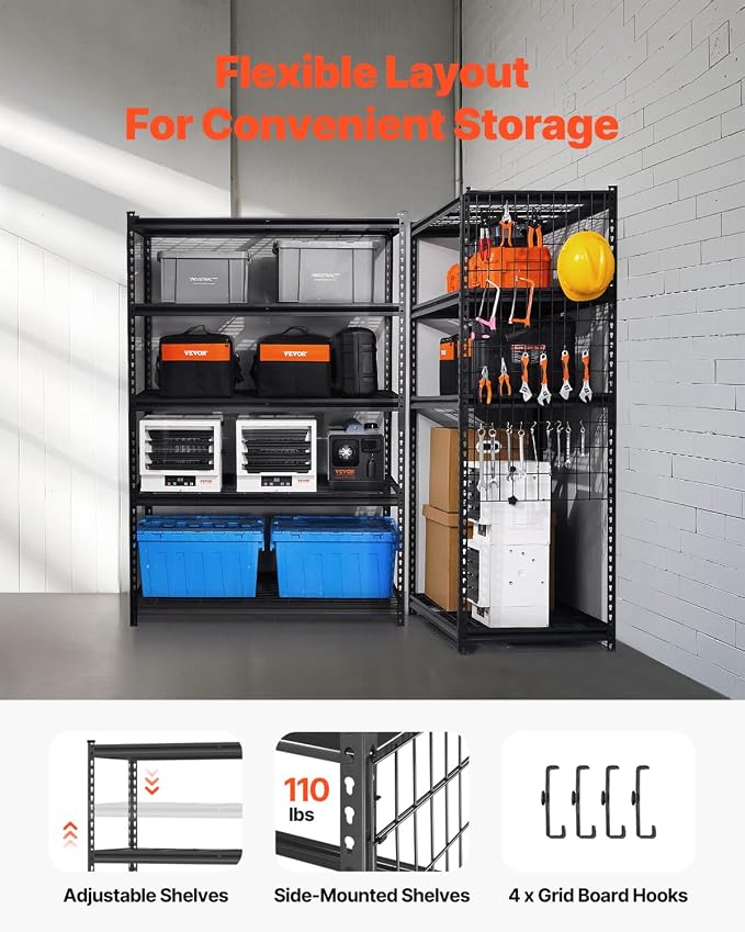 VEVOR Storage Shelves, 3000 lbs, 5 Tier Heavy Duty Garage Shelving, 24" D x 48" W x 72" H Adjustable Metal Shelves for Industrial Shelving Unit Utility Shelf, for Kitchen, Warehouse, Basement, Black