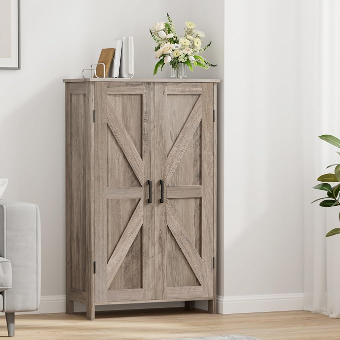 Homleke 43.3" H Farmhouse Bathroom Storage Cabinet with Adjustable Shelves | Freestanding Storage Cabinet with Barn Doors for Bathroom, Kitchen, Living Room, Dining Room & Entryway, Greige