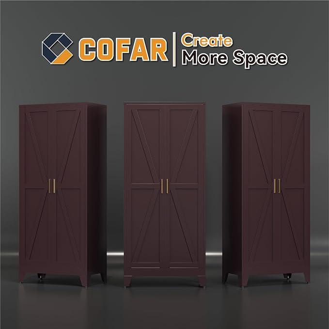 COFaR Metal Pantry Cabinet, Kitchen Storage Cabinets with 2 Barn Door, 3 Adjustable Shelves and Legs, for Cupboard/Dining Room/Bathroom/Living Room/Office/Laundry Room (Red, 61" Farmhouse)