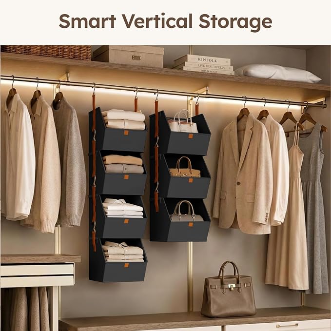 Homsorout Hanging Closet Organizer 4 Tier - Clothes Hanging Shelves, Space-Saving Closet System, Fabric Storage Bins Bedroom Organization, Collapsible Baskets for Home, Dorm, Rv, Black, 8 Pack