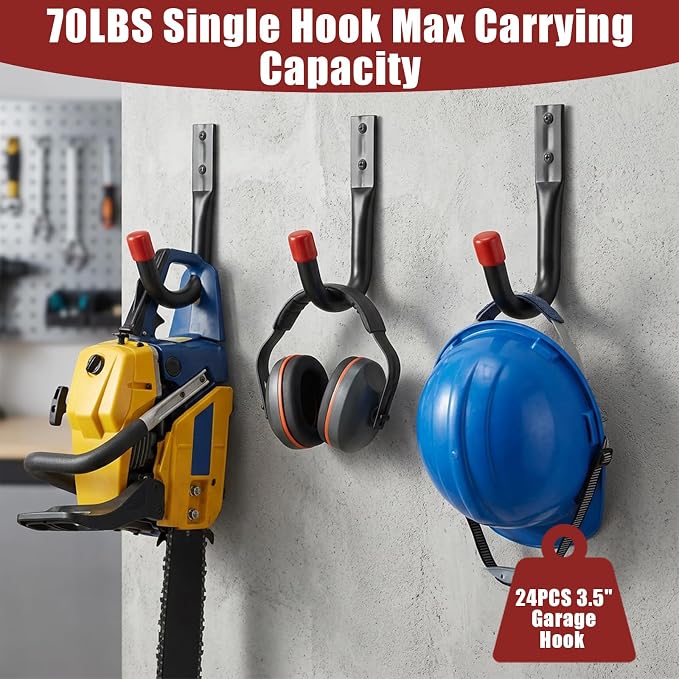 24 Pcs Heavy Duty Garage Hooks 3.5" Iron Utility Hook for Garage Wall Mount | 100LBS Capacity, Kayak Hooks Wall Mount, for Hanging Bikes, Ladder Hook Storage,for Kayak Folding Chairs, Indoor Outdoor Use