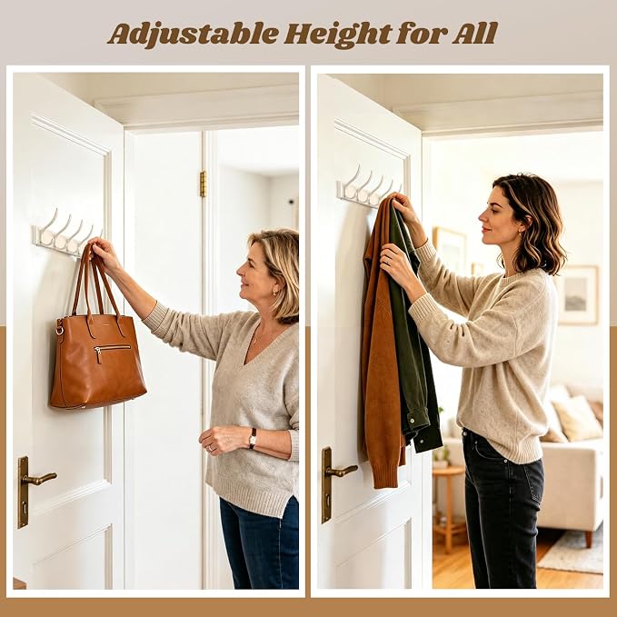 MIAOW Over The Door Hooks, Strong Adhesive Hanger Shower Towel Racks White | 10 Coat Hook for Shower Bathroom, Detachable Adhesive Hook Not Damage Door, Save Space, No Noisy, Adjustable Height for All
