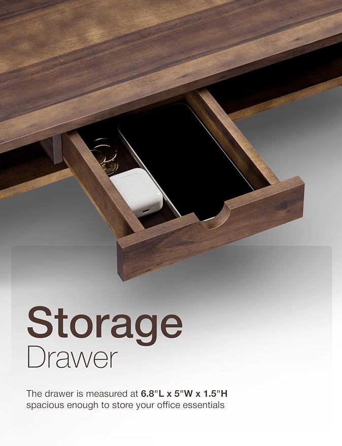 TINAMO Acacia Wood Monitor Stand with Drawer - Wooden Monitor Riser for Desk - Computer Monitor Stand for Desk - Multi-Purpose Desktop Storage Stand for Computer; Laptop; Printer; TV - 24.4 " x 8" x 5" (Walnut color) (Patented)