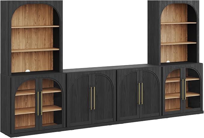 BELLEZE 6-Piece Modular TV Stand Set - 2 Double-Arc Wood Door Sideboards, 2 Arched Glass Door Sideboards, 2 Hutch Cabinets, Classic Modern Media Console with Adjustable Shelves for Living Room, Ebony
