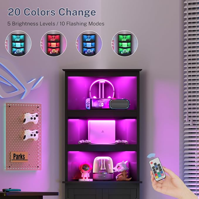 Corner Cabinet, Tall Corner Hutch with 5 Shelves & 2 Doors, Bathroom Cabinet with Adjustable Shelf, for Living Room, Kitchen, Bathroom, Black