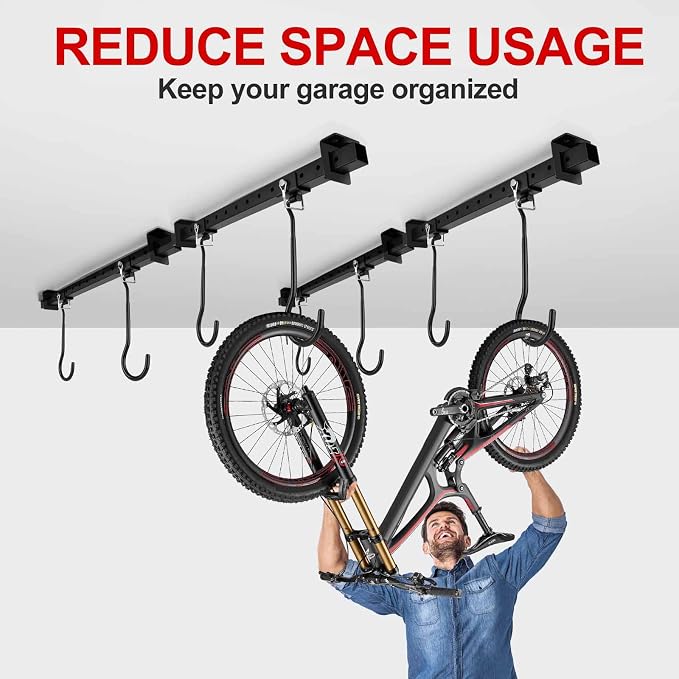 Ceiling Mounted Bike Rack for Garage, Heavy Duty Bike Hangers with Rubber Protective Pad, Adjustable Bike Ceiling Hooks, Bicycle Rack System for Basement, Hanger Garage Home Wall Hooks Hold 4-8 Bikes