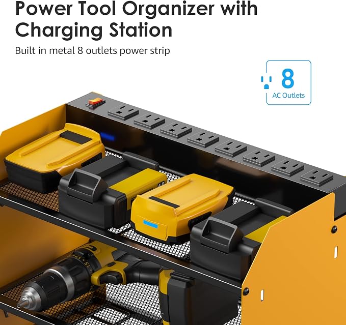 CCCEI Wall Mount Modular Tool Charging Organizer, Yellow, 1 Pack, 3 Tier. | Drill Battery Storage Rack with Hooks, Garage Workshop, Gifts for Men, Dad, Husband Anniversary, Birthday, Christmas