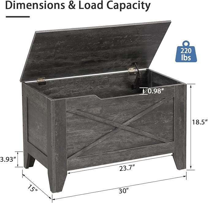 VECELO 30" Storage Chest with Lift Top Storage, Farmhouse Style Ottoman with Handwoven Wicker Cushion, Safety Hinges, Ideal for Entryway, Bedroom, Living Room, Coal Gray