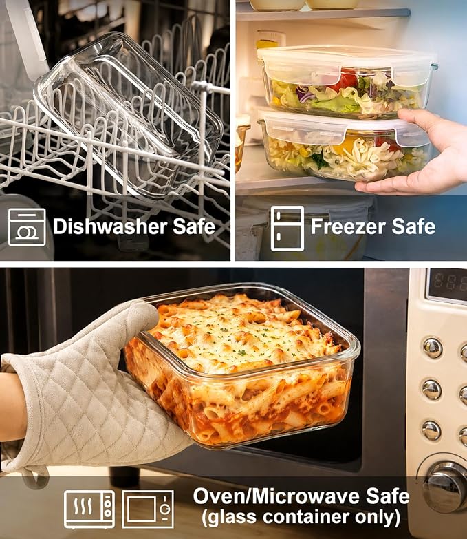 Large Glass Food Storage Containers with Lids, 4 Pack, 63oz & 22oz | Glass Meal Prep Containers for Family Meal, Leftovers, Lunch, Microwave, Oven, Freezer, Dishwasher, Airtight & Leak-Proof