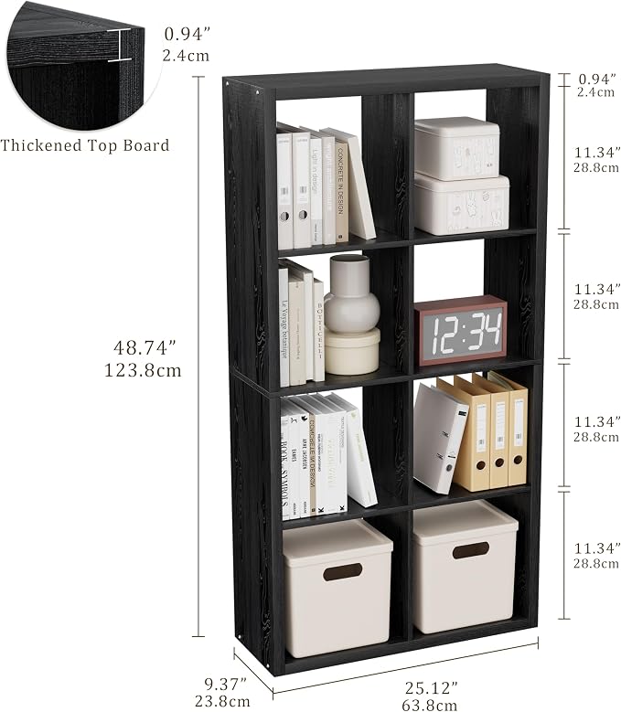 VDNEND Cube Storage Organizer Bookcase, Decorative 11 inch Open Back Cubical Shelf with Thickened Border, Display Bookshelf for Living Room, Home Office, Sturdy Room (Black, 8 Cube)
