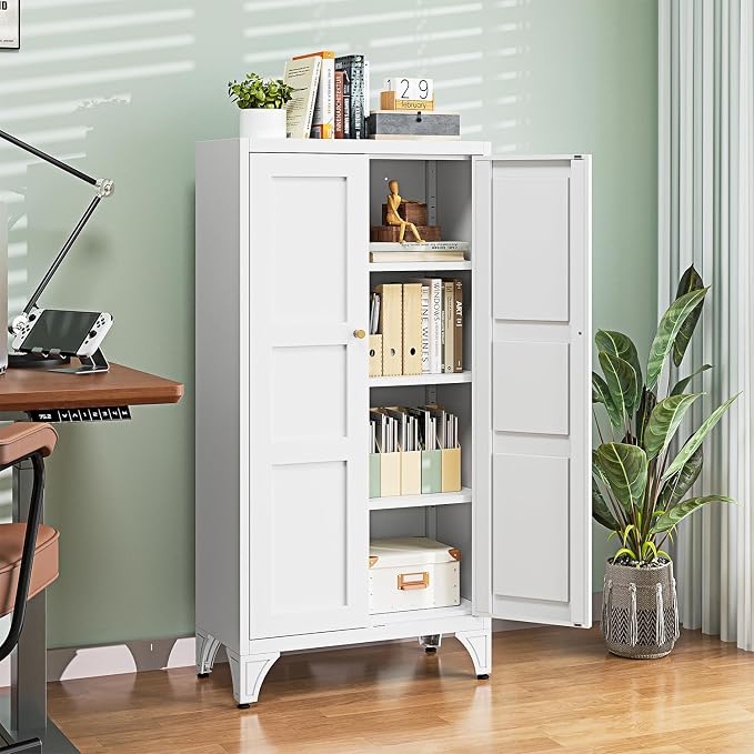 Letaya Metal Storage Cabinet with Doors and Shelves,47.3" H Bathroom Floor Kitchen Pantry Utility Cupboard Dining Home Office/Garage Organizers,White