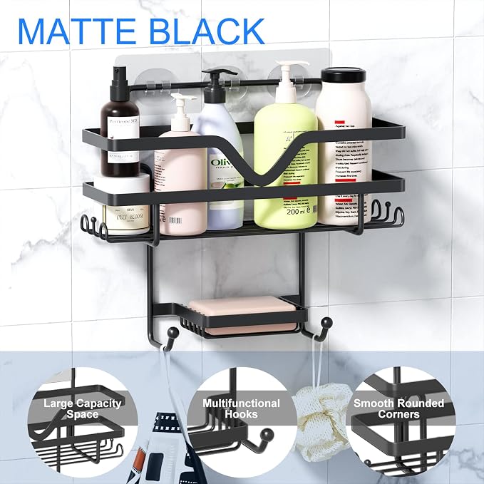 Adhesive Shower Caddy No Drilling Bathroom Organizers, 3 Pack | Self Adhesive Shelf Organizer Rack, Rustproof Shower Storage Rack with Soap Dish, Side Hooks, Large Capacity Bathroom Storage