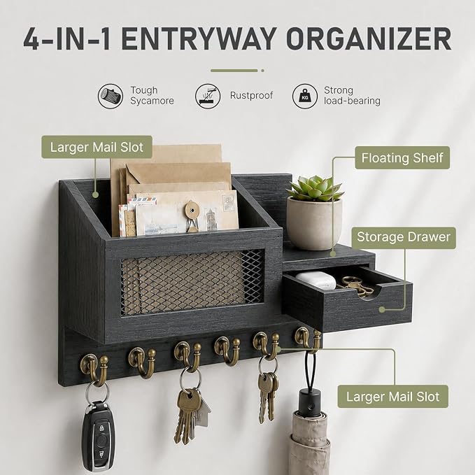 FifthQuarter Key Holder on Wall with Storage Drawer and 6 Sturdy Key Hooks | Wooden Entryway Organizer and Decorative, Easy Installation