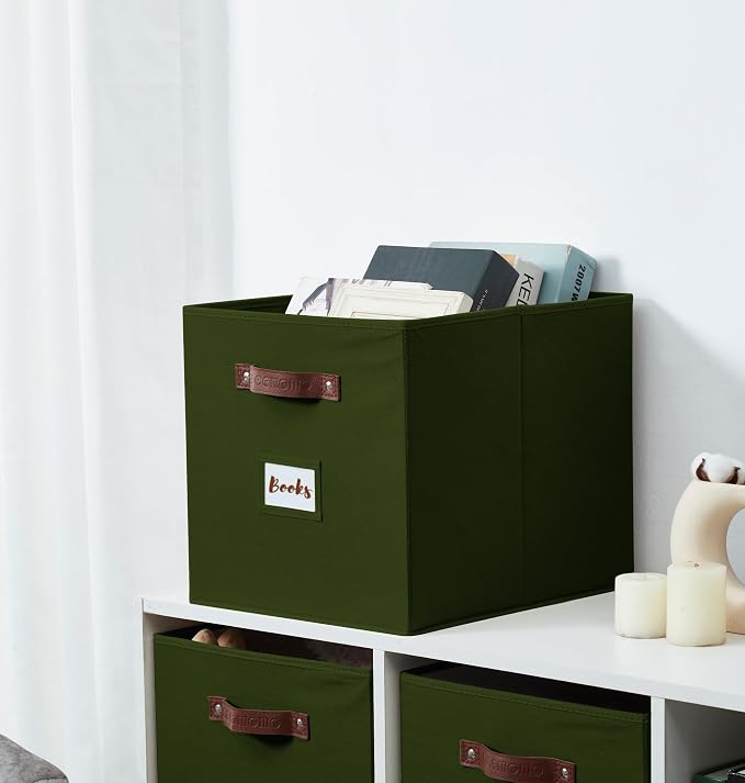 DECOMOMO Storage Bins, Storage Baskets for Shelves | 13" x 15" x 13" Storage Cube Bins with Labels for Organizing Shelves (Kallax, 4pcs, Olive Green)