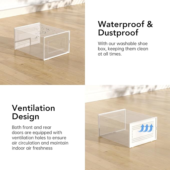 Foluck X-Large Shoe Storage Box, 15 Pack Clear Plastic Stackable Shoe Organizer for Closet, Interlocking Design Shoe Container Bins for Sneakers, Foldable Shoe Rack with Lids, White