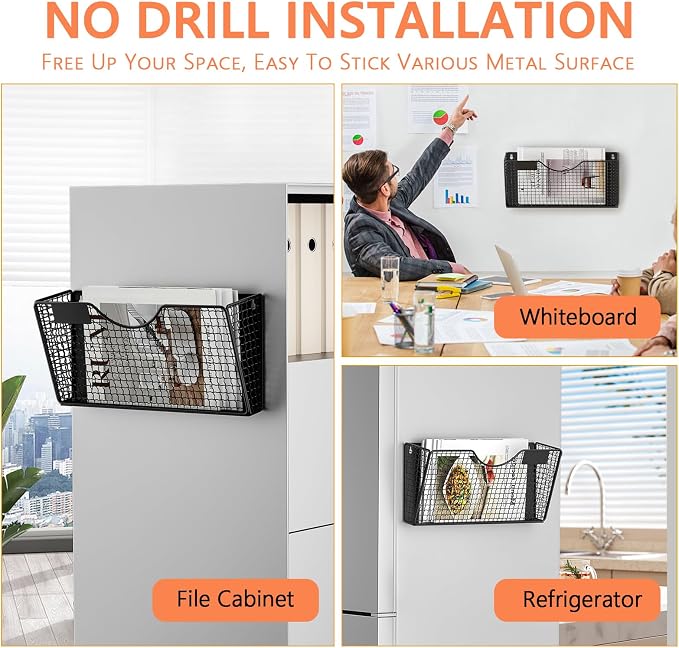 MFTEK Magnetic File Holder, 1 Pockets Magnetic File Folder Holder No Drilling Magnet Paper Mail Organizer Magazine Basket, Hanging Wall Storage Rack for Fridge Cabinets Office Classroom