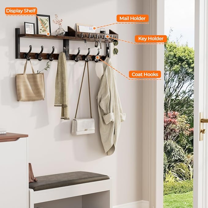 Evermagin 35" Coat Rack Wall Mount with Shelf for Entryway, Rustic Brown | Wall Mounted Coat and Key Rack with Hooks, Key Holder with Mail Organizer for Wall, Living Room, Mudroom, Bedroom