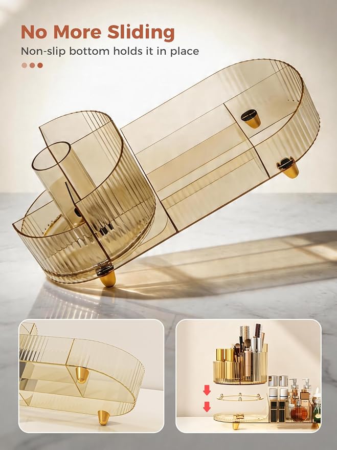 Booklov Rotating Makeup Organizer for Vanity Countertop, Amber | Clear Acrylic Cosmetic Display Case, Large Beauty Brush Holder for Bathroom Counter, Skincare Lipsticks Storage