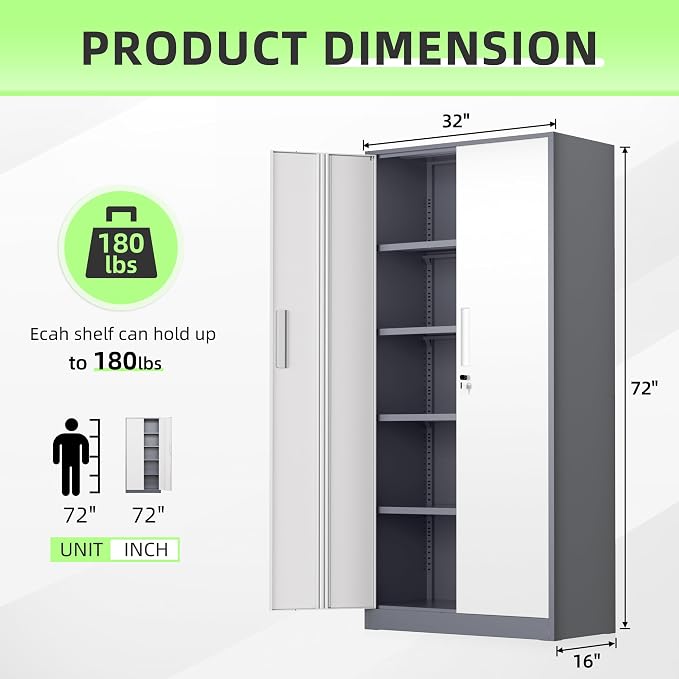 INTERGREAT Metal Storage Cabinet, 72" Locking Steel Cabinets with 2 Door and 4 Adjustable Shelves, Tall Metal Cabinet for Home Office, Garage, Warehouse, New Grey