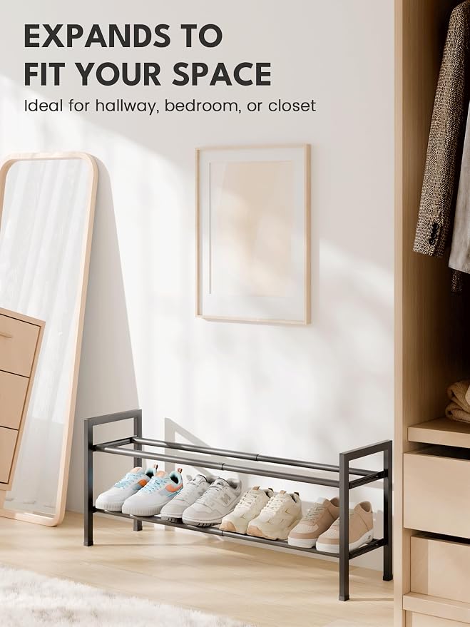 Bumusty 2 Tier Expandable Shoe Rack for Closet, Black | 18"-33" Adjustable Shoe Rack for Entryway, Small Shoe Organizer for Dorm, Front Door, Sturdy Metal