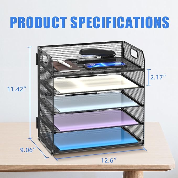 Supeasy 5 Trays Paper Organizer Letter Tray with Handle-Mesh Desk File Holders, Paper Sorter Desk Organizer for Office, Home, Classroom or School