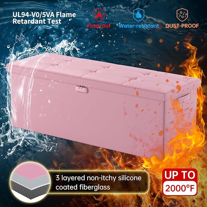 ENGPOW Storage Ottoman, Fireproof Folding Bench with Lock(15”x 43”x15”), Water-Resistant ＆ Heat Insulation Large Storage Chest with Handles＆2 Extra Spaces Safe for Living Room, Bedroom, Home, Pink