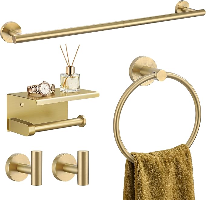 TURS Brushed Gold 5-Piece Bathroom Hardware Set Towel Bar Set SUS304 Stainless Steel Towel Racks for Bathroom Wall Mounted, 23.6-Inch
