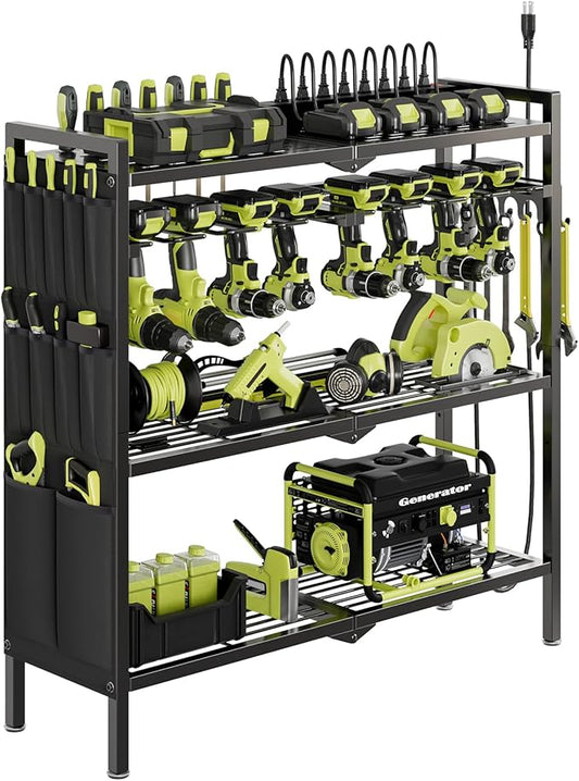 NattyDot Power Tool Organizer Cart with Charging Station, 8 Drills, Black | Freestanding Power Tool Cart Holds 8 Drills; Charging Station Powers Batteries while Sturdy Shelves Organize Garage Gear