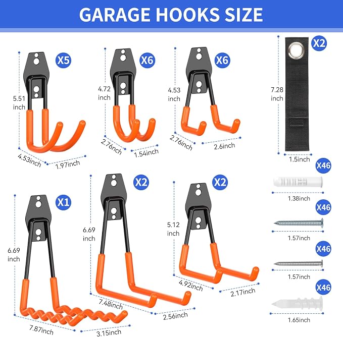 Garage Hooks Heavy Duty Garage Storage Hooks 24 Pack, Utility Steel Wall Mount Hook with Non-Slip PVC Coating Garage Organization for Bike, Ladder, Tools, Hose