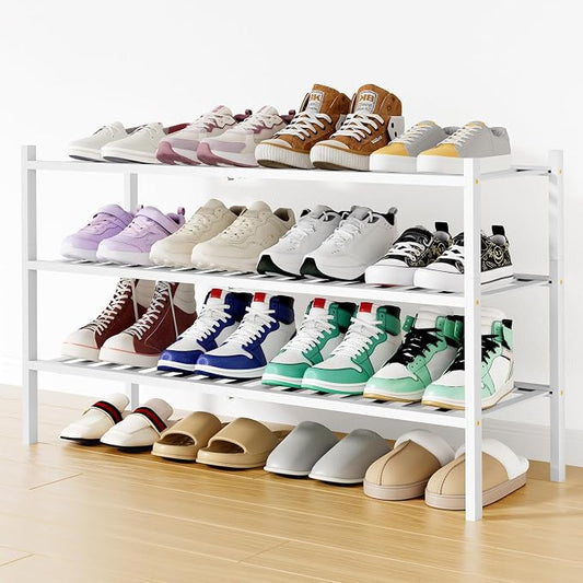 Smiry Bamboo Shoe Rack, 12 Vertical Slats, 3 Tier - 33.7" Wide, White | Stackable Free Standing Wooden Shoe Organizer, Wood Shoe Storage Shelf for Closet, Entryway