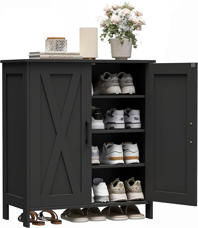 Homleke Farmhouse Shoe Cabinet with 2 Barn Doors & Wood Legs | Tall 4-Tier Shoe Storage Cabinet, 3 Adjustable Shelves, Shoe Rack Organizer, for Entryway, Hallway, Closet, Black