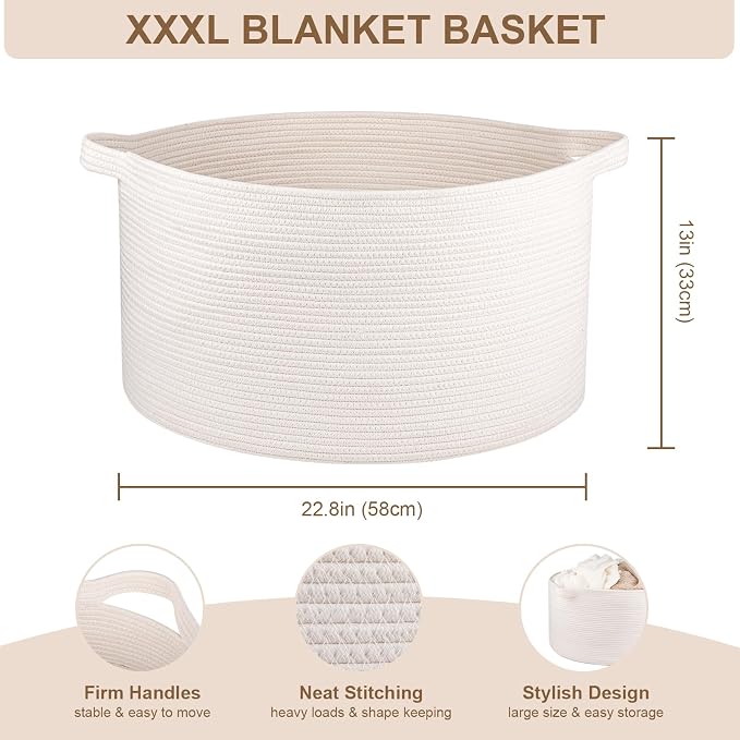 OIASKET Large Woven Baskets for Storage, 22.8" x 22.8" x 13" Blanket Storage Living Room, Baby Toy Basket for Clothes, Pillows, Towels, Shoe Basket for Entryway (White)