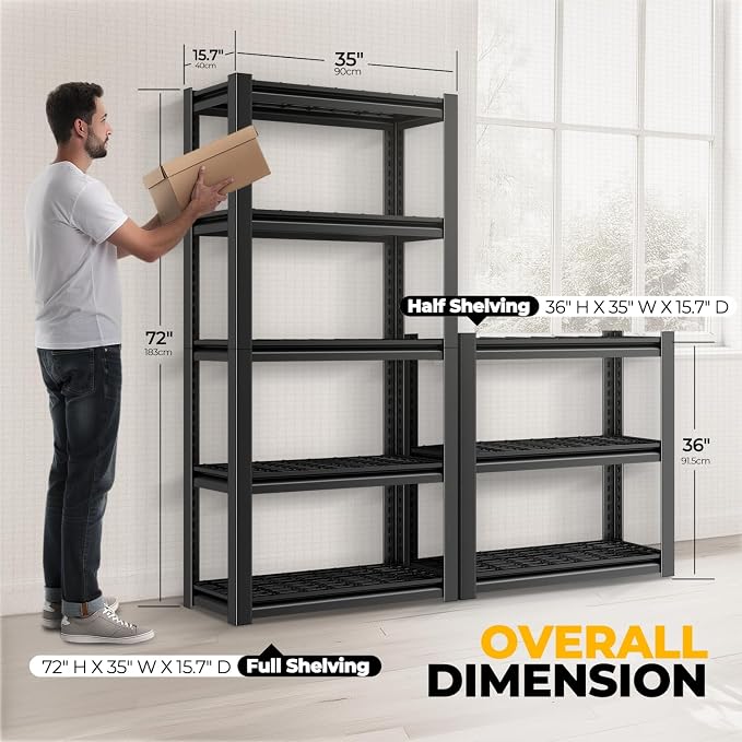 Auto Dynasty 5-Tier 72" H Garage Shelving Set of 2, Heavy Duty Metal Rack | 72"x 35"X16" 2 Packs, 3000Lbs Capacity each, 5 Adjustable Shelves, Metal Utility Rack for Pantry Kitchen & Warehouse, Black