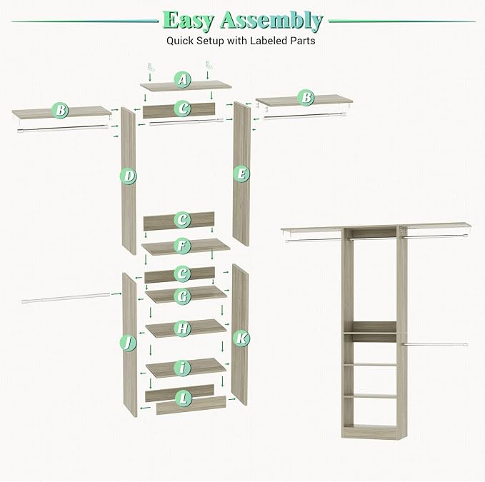Besiost 48" Closet Organizer System, 4FT Closet System for Small Closets with 4 Hanging Rods & 3 Shelves, 80"H Small Closet Organizers and Storage for Bedrooms, Cloakrooms, White Oak