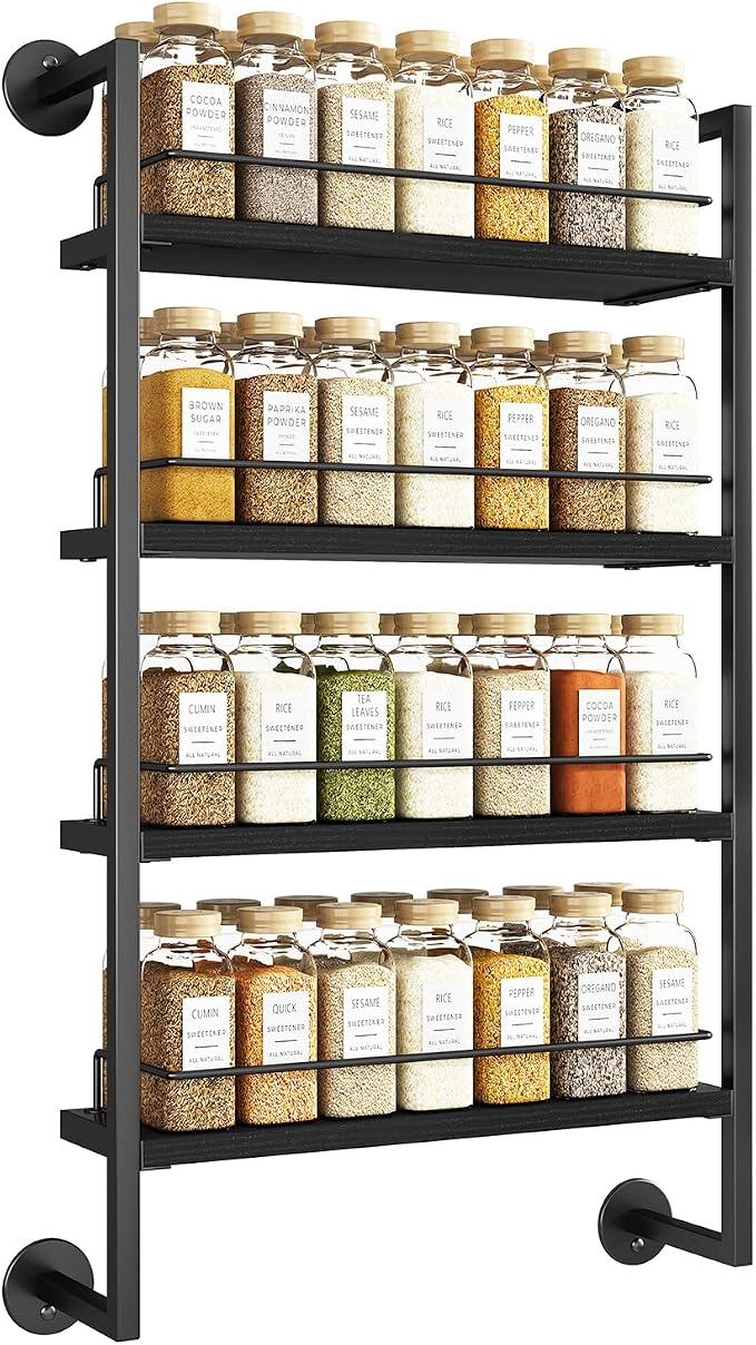 IBUYKE 4 Tier Spice Rack Wall Mount for Kitchen,Black TLJ016B | Hanging Seasoning Organizer,Large Spice Rack for Wall Spice Organization for Kitchen Cabinet Bathroom Pantry Living Room